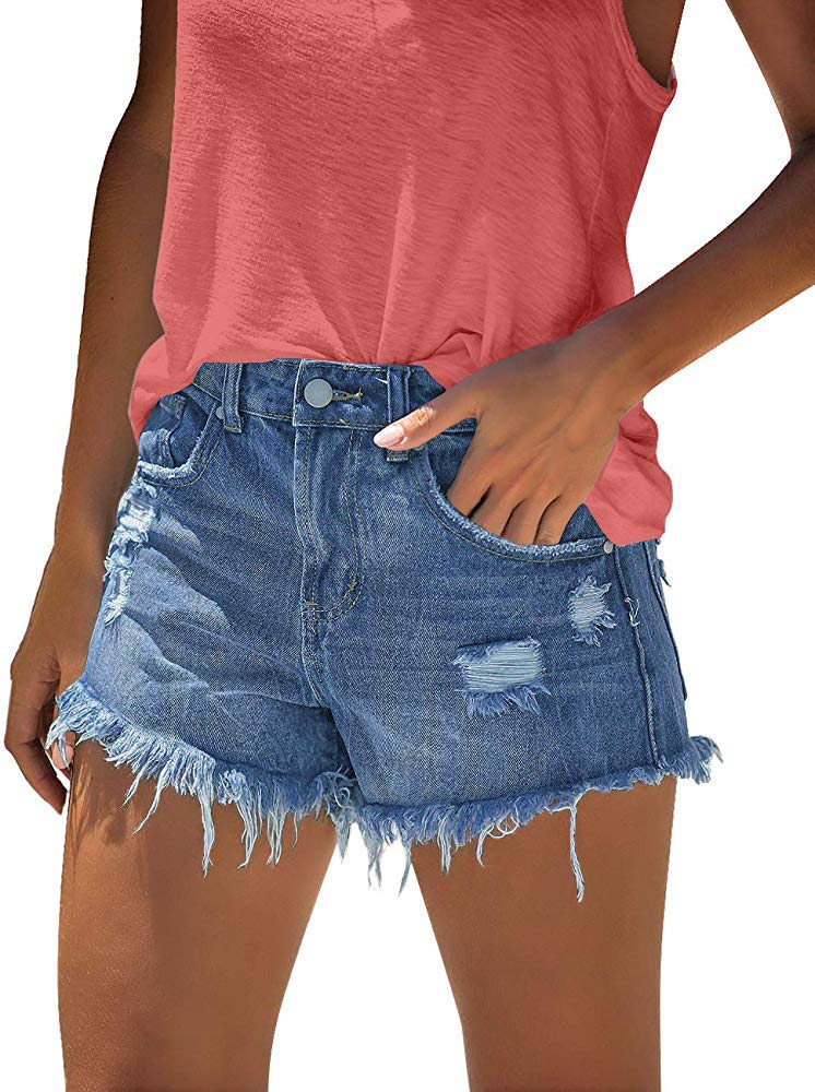 onlypuff Frayed Denim Shorts for Women Mid Rise Casual Summer Hot Pants Dark Blue XL - Image 2